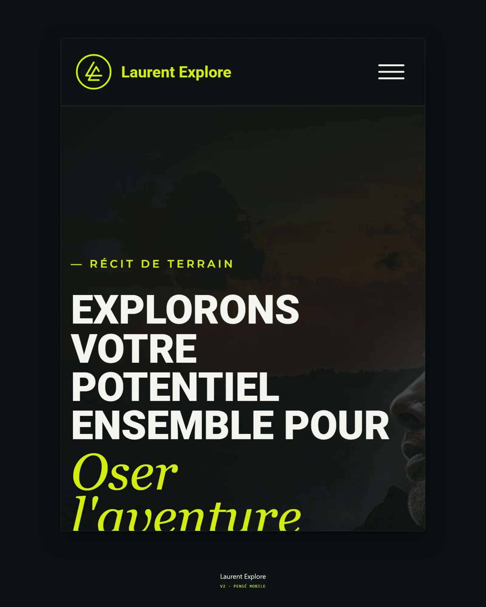 Déclinaison mobile du site Laurent Explore, montrant la mise en page responsive de la page d'accueil.